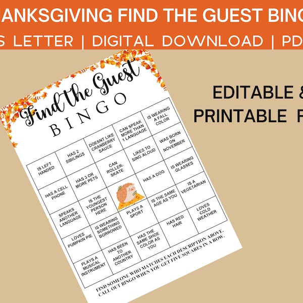 Fall Find the Guest Bingo Thanksgiving Find the Guest Game, Autumn party game for kids and adults, editable Fall Find the guest bingo