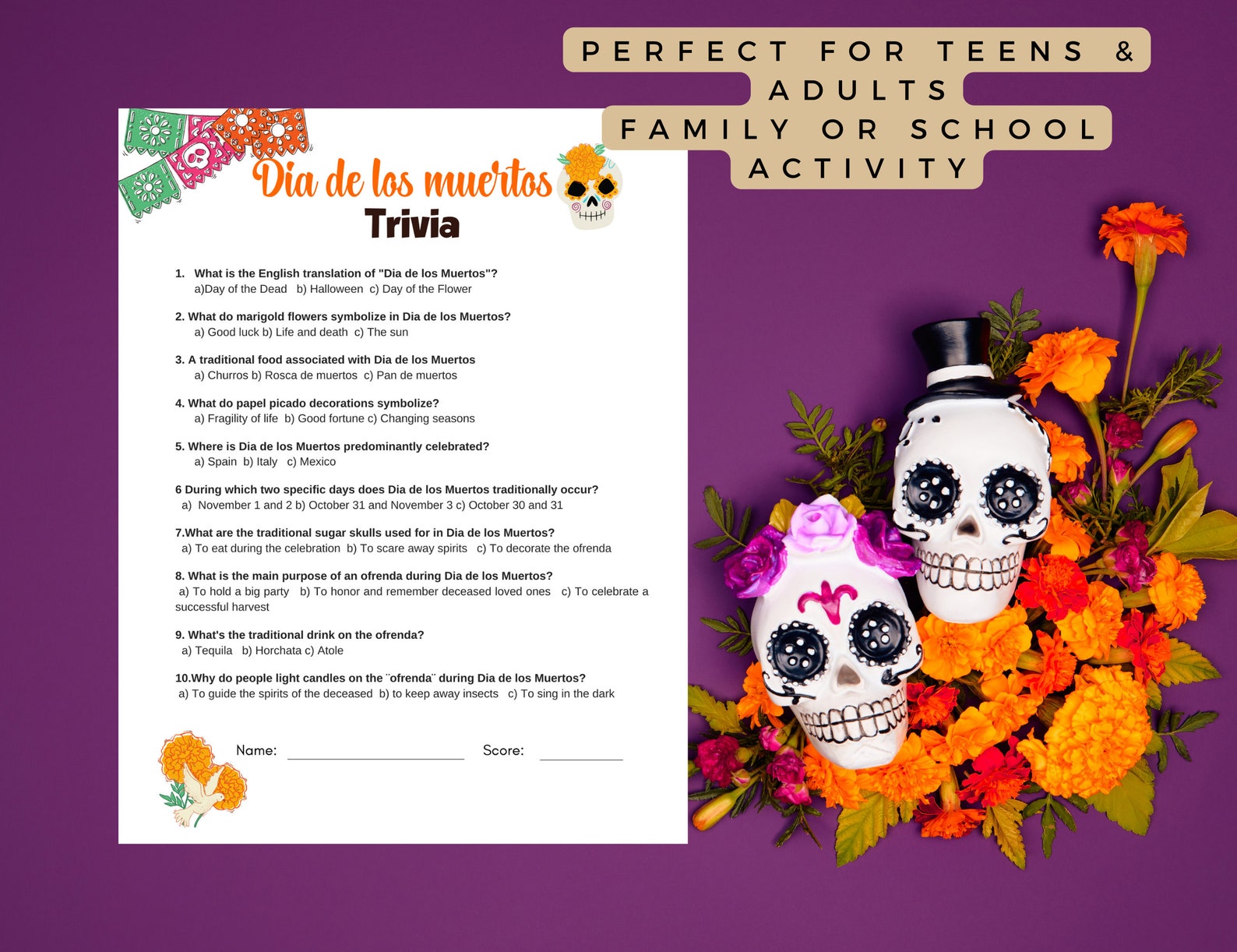 Dia De Los Muertos Trivia, Printable PDF Game for Celebrations and Learning Day of the Dead ...