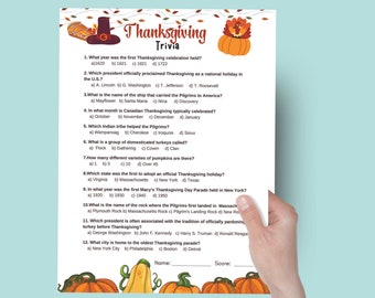 May include: Thanksgiving Trivia game sheet with multiple-choice questions about the holiday. The sheet features illustrations of a pilgrim hat, pumpkins, and autumn leaves. The text includes questions about the first Thanksgiving, the Macy's Day Parade, and more.