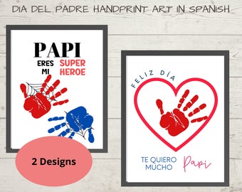 Puede incluir: Dos tarjetas imprimibles para el Día del Padre con arte de huellas de manos. La primera tarjeta dice "Papi eres mi super heroe" y la segunda tarjeta dice "Feliz dia te quiero mucho Papi".