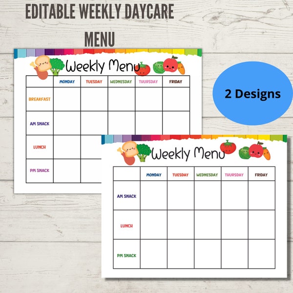 Daycare weekly menu printable, Daycare meal menu, editable menu preschool, weekly daycare menu planner PDF fillable printable