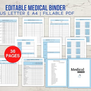 Carpeta médica, Planificador médico editable, historial médico del planificador de visitas al médico, rastreador médico, descarga imprimible del organizador médico