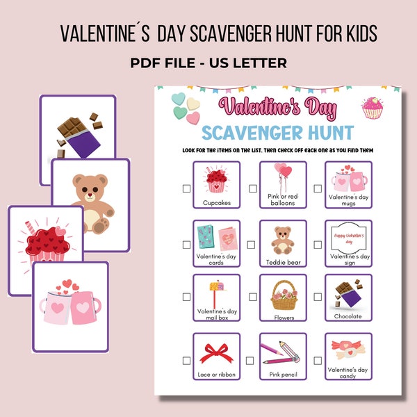 Valentines scavenger hunt for kids, at school or home activity, includes cards for indoor or outdoor treasure hund