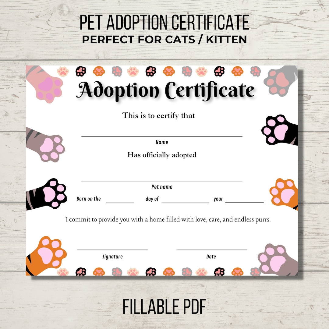 Pet Adoption Certificate, Cat Adoption Party, Kitten Adoption Certificate, Instant Download PDF Fillable Printable - Etsy pet-adoption-certificate-cat-adoption-party-kitten-adoption-certificate-instant-download-pdf-fillable-printable-etsy