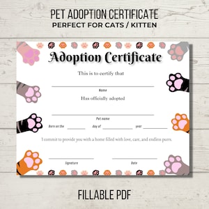 Certificat d’adoption d’animal de compagnie, fête d’adoption de chat, certificat d’adoption de chaton, téléchargement instantané PDF imprimable