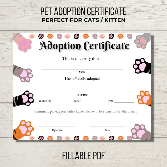 Pet adoption certificate, cat adoption party, kitten adoption certificate,  Instant Download PDF fillable printable