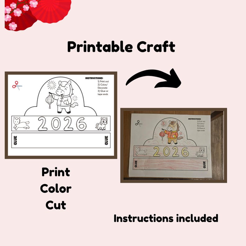May include: Printable craft featuring a horse holding a lantern, with the year 2026. The design includes instructions for printing, coloring, and cutting. The words "Print, Color, Cut" are also visible.