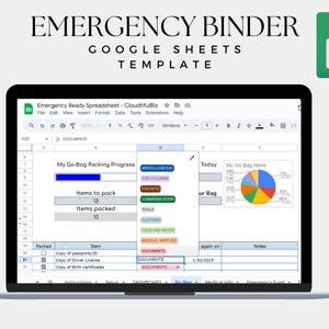 May include: A laptop screen shows a Google Sheets template labelled "Emergency Binder." The spreadsheet includes sections for packing progress, item lists, and a pie chart. The screen shows categories like "Miscellaneous," "For Children," and "Documents."