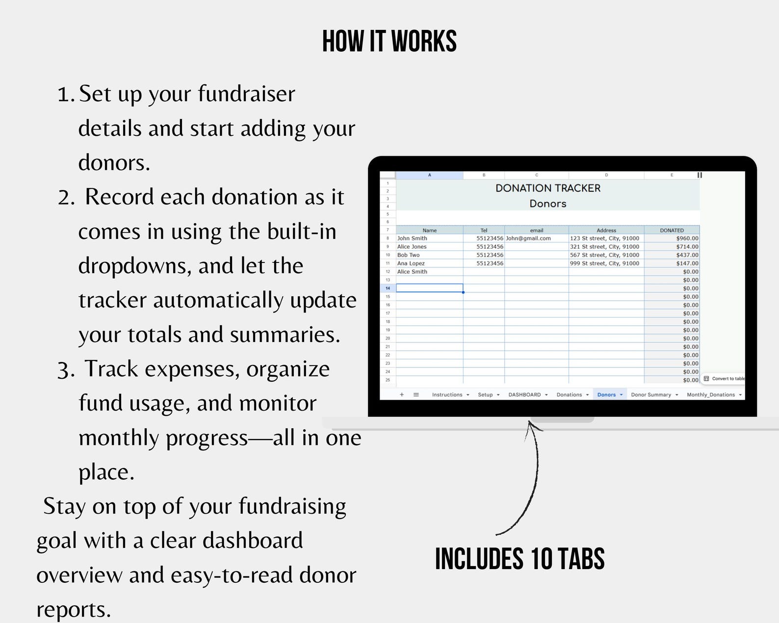 Donation Tracker Google Sheets Spreadsheet for Fundraising and ...