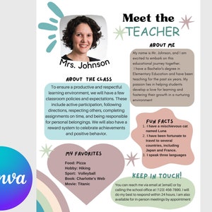 Meet the teacher boho rainbow Canva editable template, About me teacher template, elementary classroom teacher