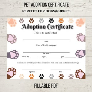 Pet adoption certificate, puppy adoption party, dog adoption certificate,  Instant Download PDF fillable printable