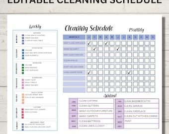 cleaning tracker yearly editable  and family cleaning chores,  Includes Daily, Weekly, Monthly and Yearly schedule, instant download