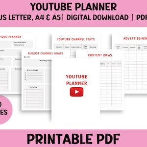 Youtube planner printable, social media planner, content planner, youtube tracker, youtube channel kit digital instant download