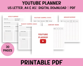 Youtube planner printable, social media planner, content planner, youtube tracker, youtube channel kit digital instant download
