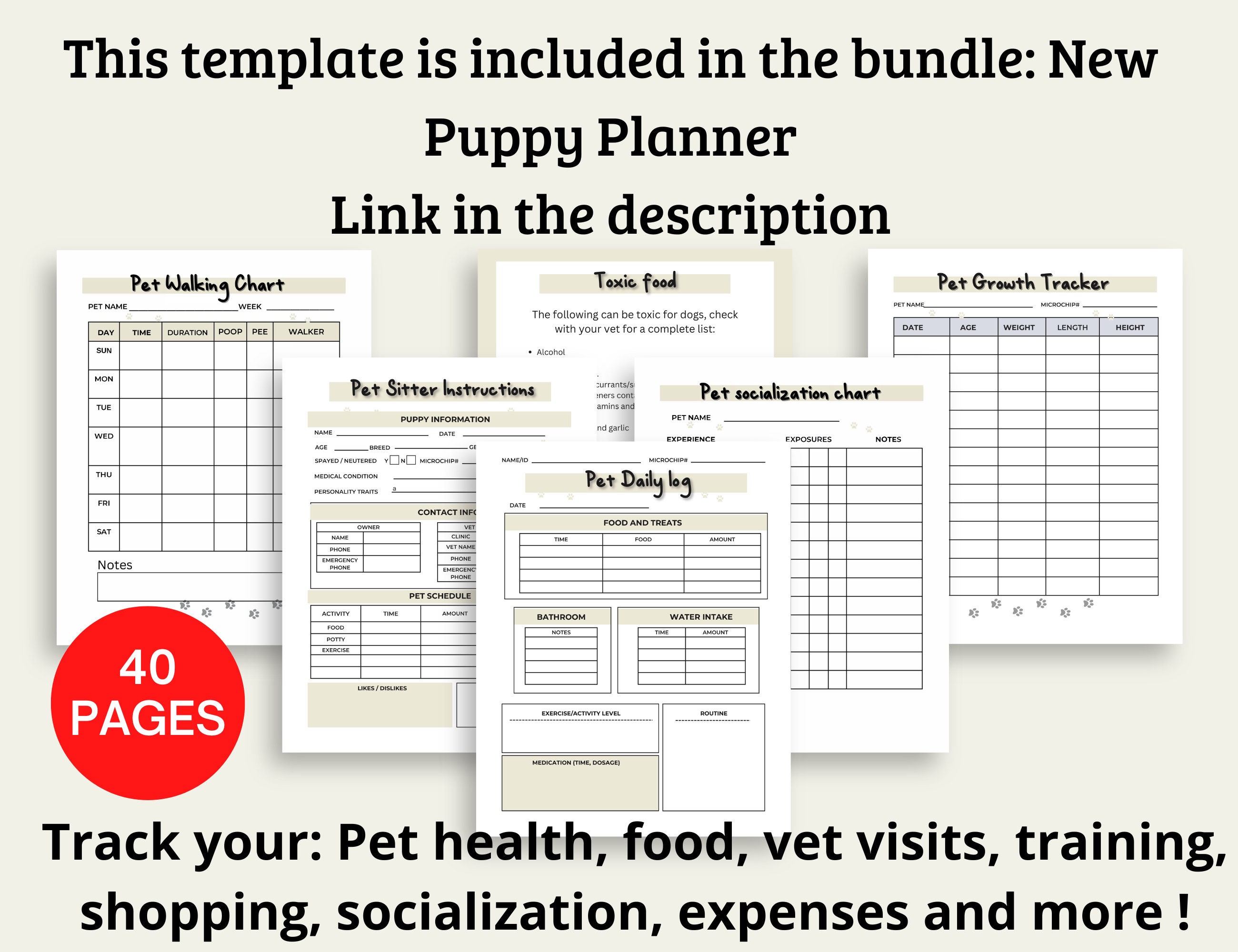 Puppy Weight Chart, Pet Weight Chart for Dog or Cat Editable, Printable