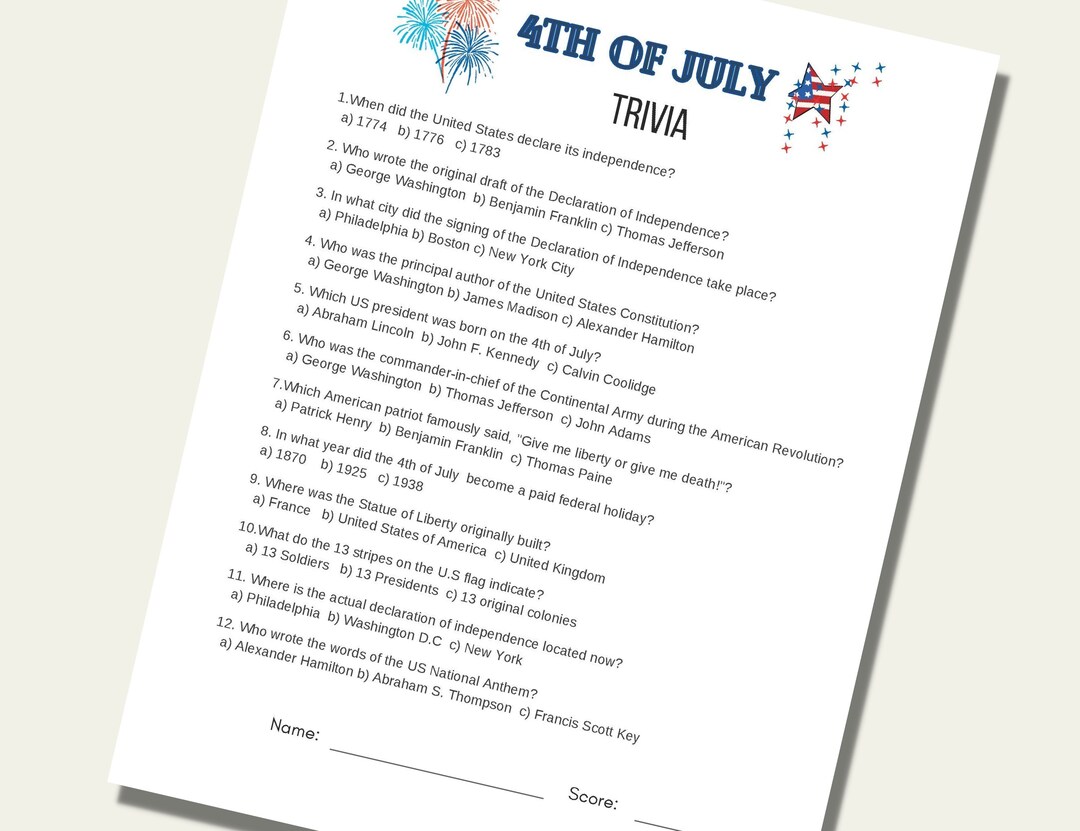 4th of July Trivia Game Printable, Party or School Fourth of July ...