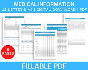 Medical Information Fillable PDF digital, Medical Summary- Medication schedule, Health insurance info, Vaccination record,  Medical History