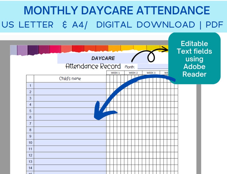 Daycare Monthly Attendance Sheet, Attendance Tracker Editable for ...