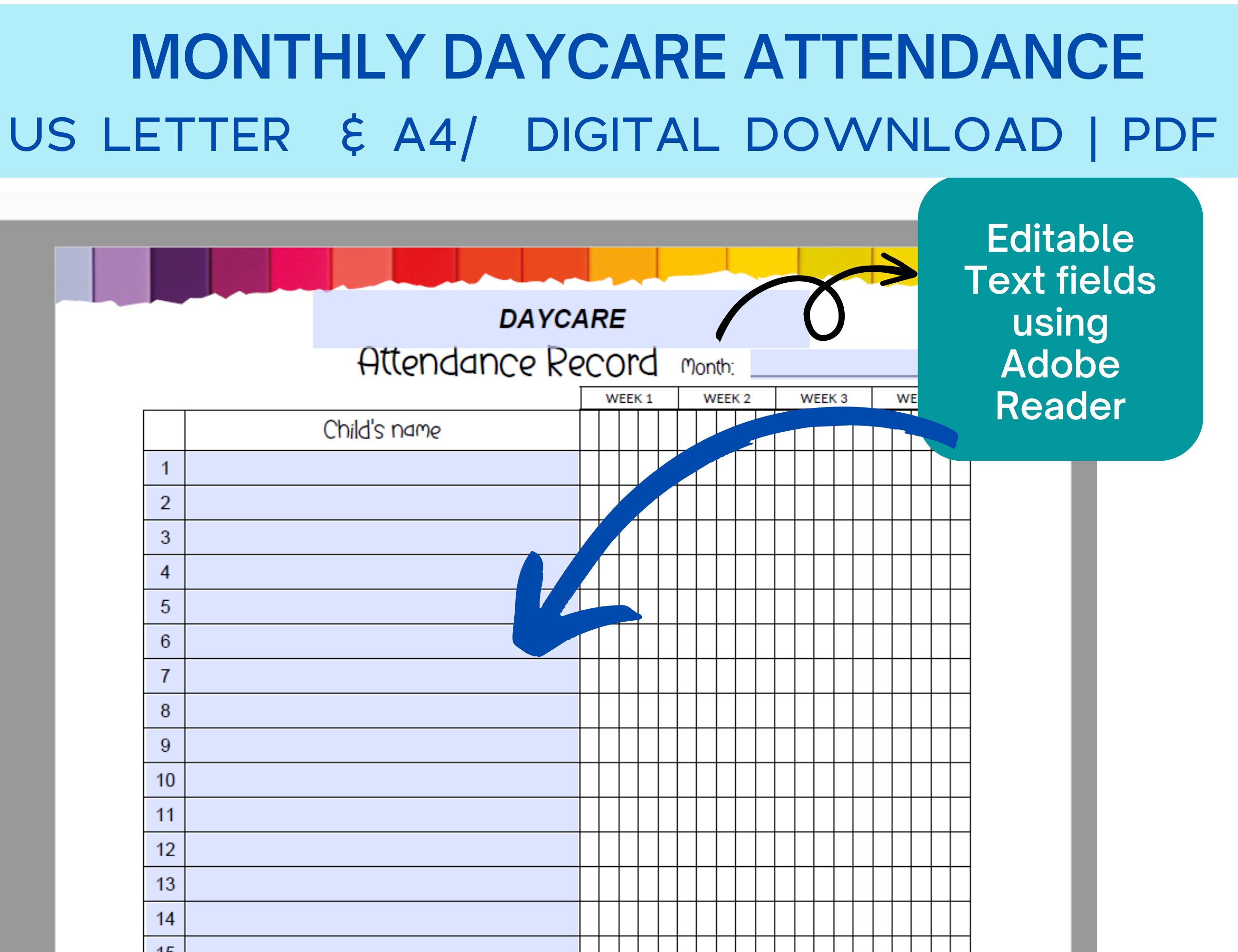 Daycare Monthly Attendance Sheet, Attendance Tracker Editable for ...