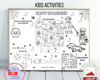May include: A black and white printable Halloween placemat with activities for kids. The placemat features a "Happy Halloween" title, a "Design a Friend for this Cute Monster" activity, an "I Spy Halloween" game, a tic-tac-toe game, a "Halloween Maze" and a "How Many... Do You See..." activity.