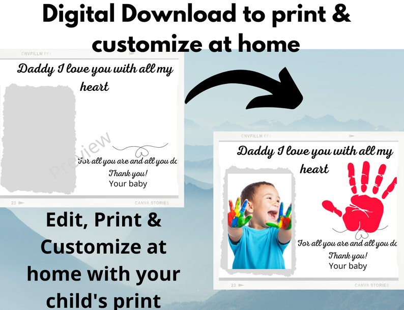 Regalo DIY con foto para el Día del Padre, arte de pared digital para papá, recuerdo para papá, arte con huella de mano infantil, imprimible, regalo para el Día del Padre para niños. imagen 2