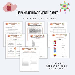 May include: Seven printable Hispanic Heritage Month games for children. The games include a word search, trivia, would you rather, think fast, flags match up, and a Hispanic Heritage A-Z activity. An answer key is included.