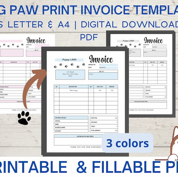 Invoice template editable, small business invoice, dog breeder invoice, new puppy invoice, dog walking, dog boarding, dog bakery printable