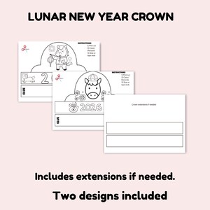 May include: Printable Lunar New Year crown templates. The image shows two crown designs with a horse illustration, the year 2026, and instructions. Includes extensions if needed. The text "Lunar New Year Crown" is at the top.
