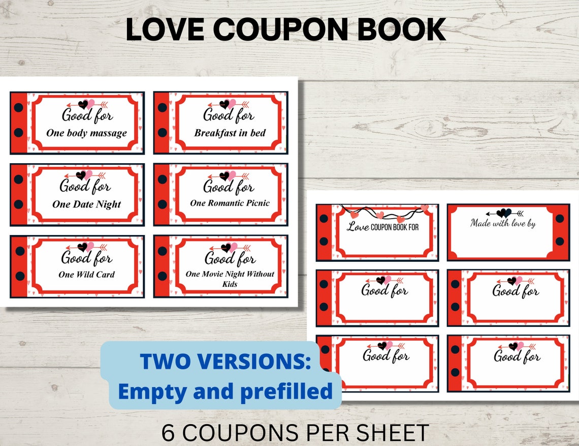 Love Coupon Book, Printable Coupons for Him or Her, Valentine's