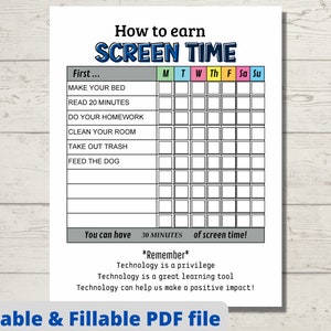 Screen Time rules, Editable Screen Time, Chore Chart fillable, printable Screen Time Tracker Screen Time Responsibility chart printable,