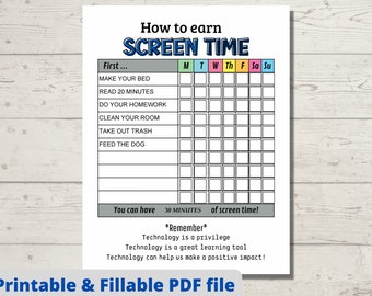 Screen Time rules, Editable Screen Time, Chore Chart fillable, printable Screen Time Tracker Screen Time Responsibility chart printable,
