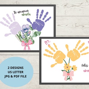 Arte de huellas de manos del día de las madres, Regalo para abuela en español, Ramo de flores, dos huellas de manos Regalo imprimible para abuela de nietos en español