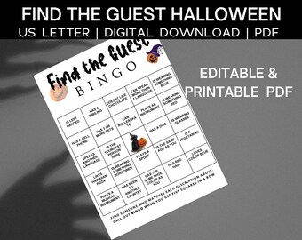 Halloween Finden Sie das Gast-Bingo-Halloween-Spiel, Halloween-Spiel für Kinder und Erwachsene, bearbeitbares Finden der Gast-Bingo-Vorlage, bearbeitbares Spiel