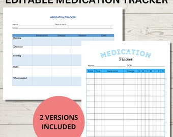 Medication tracker fillable, editable medication log, medicine tracker printable, medication chart, supplement tracker  instant download