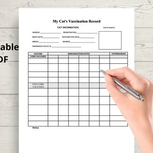 Cat Vaccination Record, Cat Health Record, Cat Shot Record, Pet Health ...