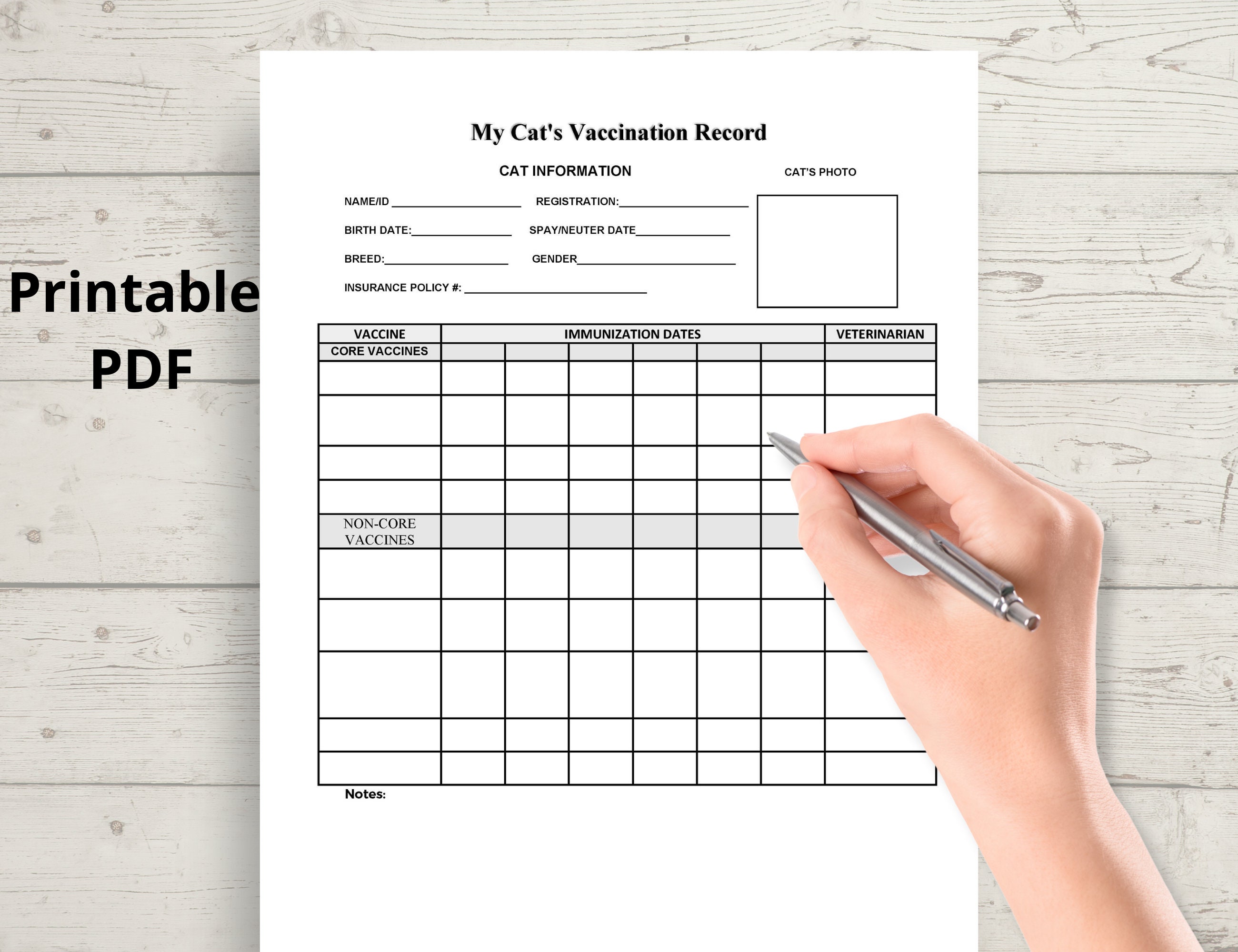 Cat Vaccination Record, Cat Health Record, Cat Shot Record, Pet Health