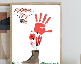 Veterans Day handprint art, Thank you veterans handprint craft, Veterans keepsake craft patriotic decor printable art instant download
