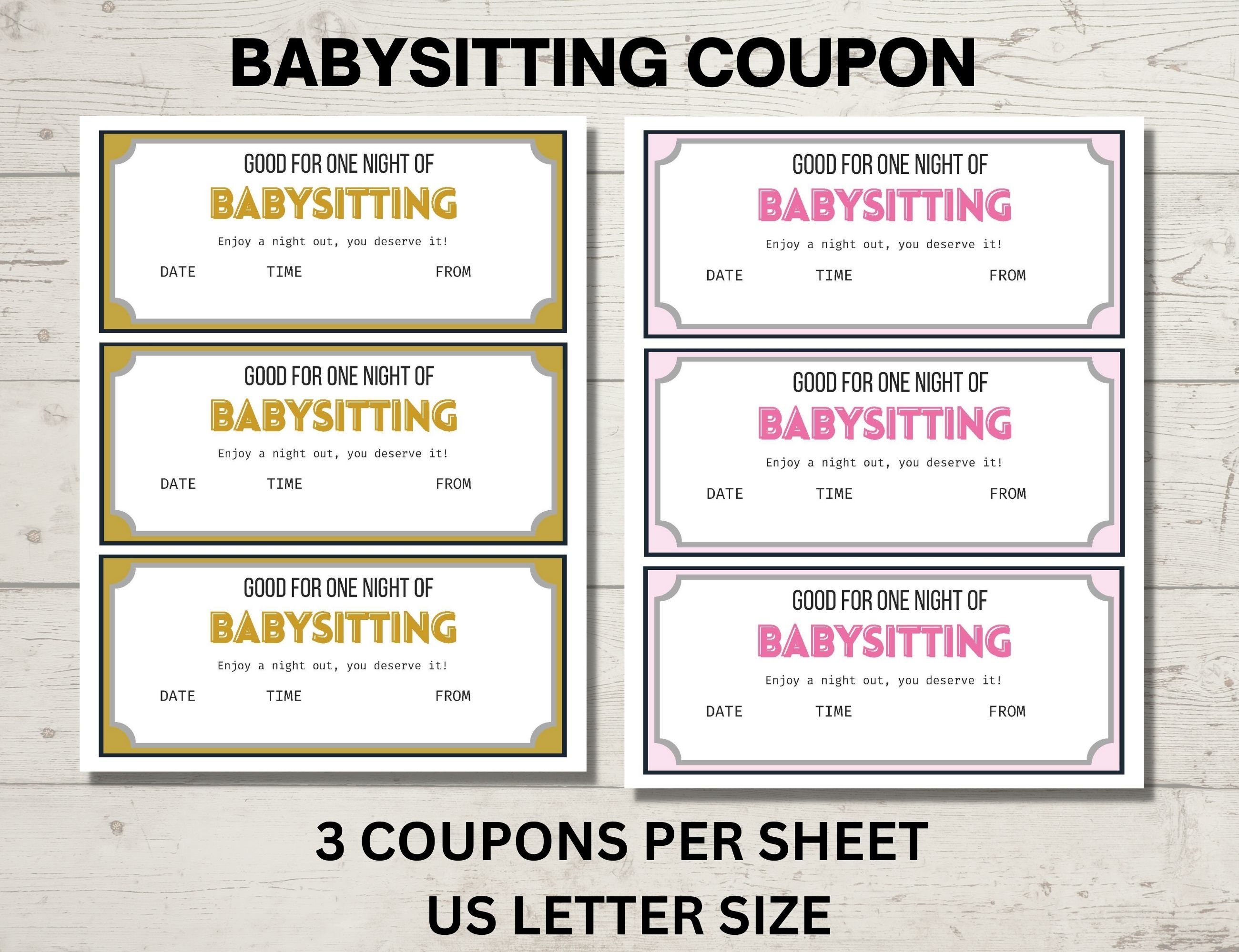 Babysitting Coupon Template, Editable Gift Voucher, Printable Babysitting Coupon Template, Editable Gift Voucher, Printable
