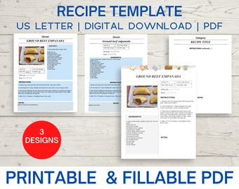 Recipe template, recipe book template, editable recipe template, recipe card template printable, cookbook template pdf instant download