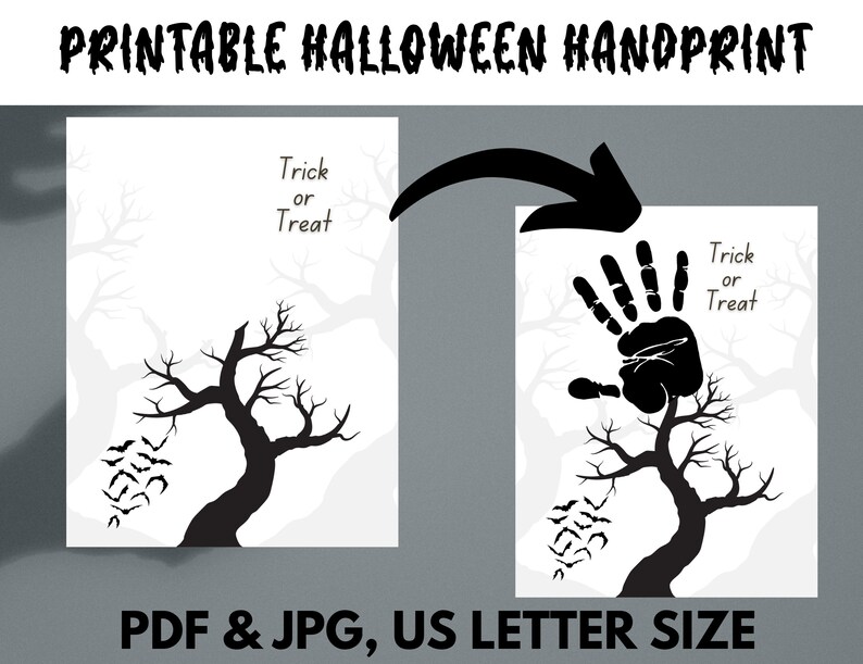 K&ouml;nnte beinhalten: Druckbarer Halloween-Handabdruck f&uuml;r Kinder. Das Design zeigt eine schwarze Silhouette eines Baumes mit Flederm&auml;usen und dem Text "Trick or Treat".