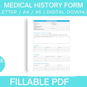 Medical History Form Fillable Medical Summary, chronic disease, allergy medication, surgery overview PDF Digital Instant Download