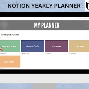 Notion template yearly planner, Digital undated Notion template planner, weekly and daily tasks templates.