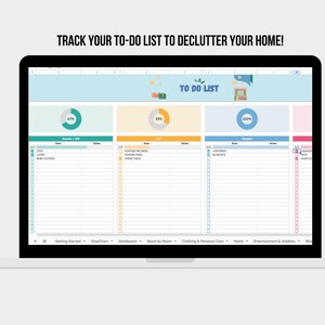 May include: A computer screen displaying a spreadsheet with a to-do list for decluttering your home. The spreadsheet is divided into four sections: Donate/Gift, Sell, Recycle, and Trash. Each section has a progress bar and a list of items to declutter. The spreadsheet is titled "To Do List".
