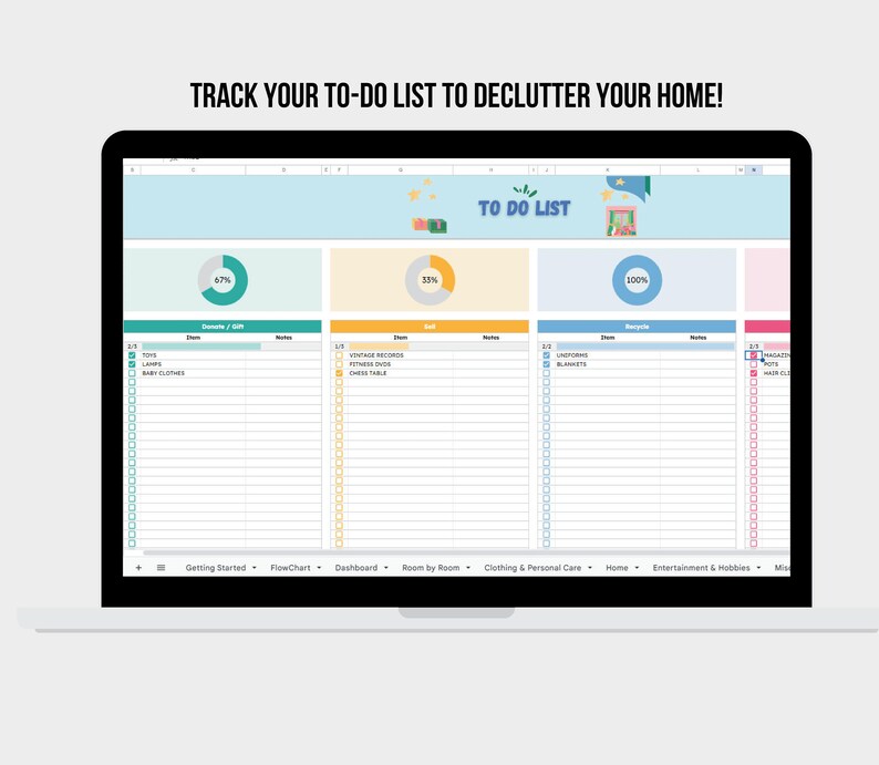 May include: A computer screen displaying a spreadsheet with a to-do list for decluttering your home. The spreadsheet is divided into four sections: Donate/Gift, Sell, Recycle, and Trash. Each section has a progress bar and a list of items to declutter. The spreadsheet is titled "To Do List".