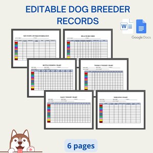 Breeder forms, Dog breeder records, Dog breeder charts, whelping chart, Dog breeder forms, puppy breeder logs  editable forms