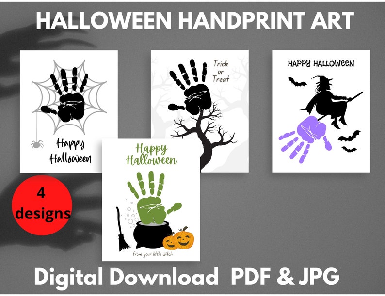 K&ouml;nnte beinhalten: Vier druckbare Halloween-Handabdruck-Kunstdesigns. Die Designs zeigen ein Spinnennetz, einen Baum, eine Hexe, die auf einem Besen fliegt, und einen Hexenkessel. Die Texte "Happy Halloween" und "S&uuml;&szlig;es oder Saures" sind in den Designs enthalten.