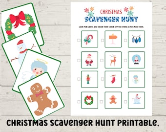 May include: A printable Christmas scavenger hunt game with a checklist of 9 Christmas-themed items to find. The game includes 8 colorful cards featuring illustrations of a snowman, gingerbread man, angel, wreath, Santa, reindeer, stocking, and a nutcracker.