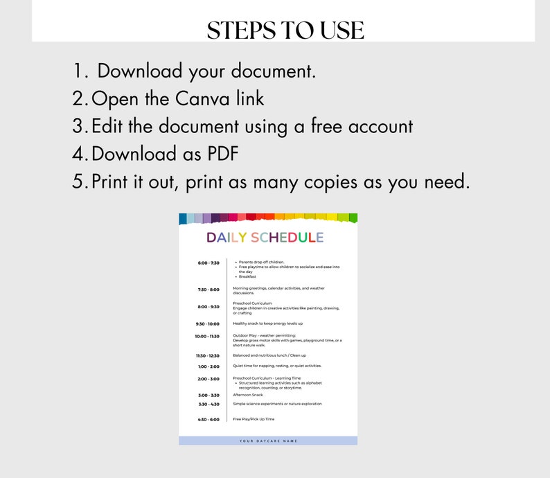 Daycare Daily Schedule Printable, Daycare Forms, Daycare Hourly