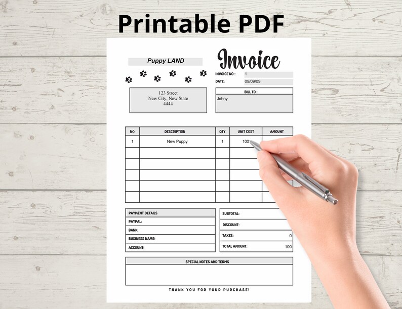 invoice template with paw print design, printable, useful for small business