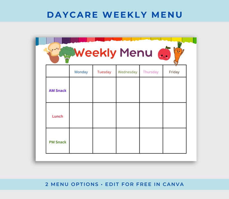 Daycare Weekly Menu Printable Daycare Meal Menu Editable Menu